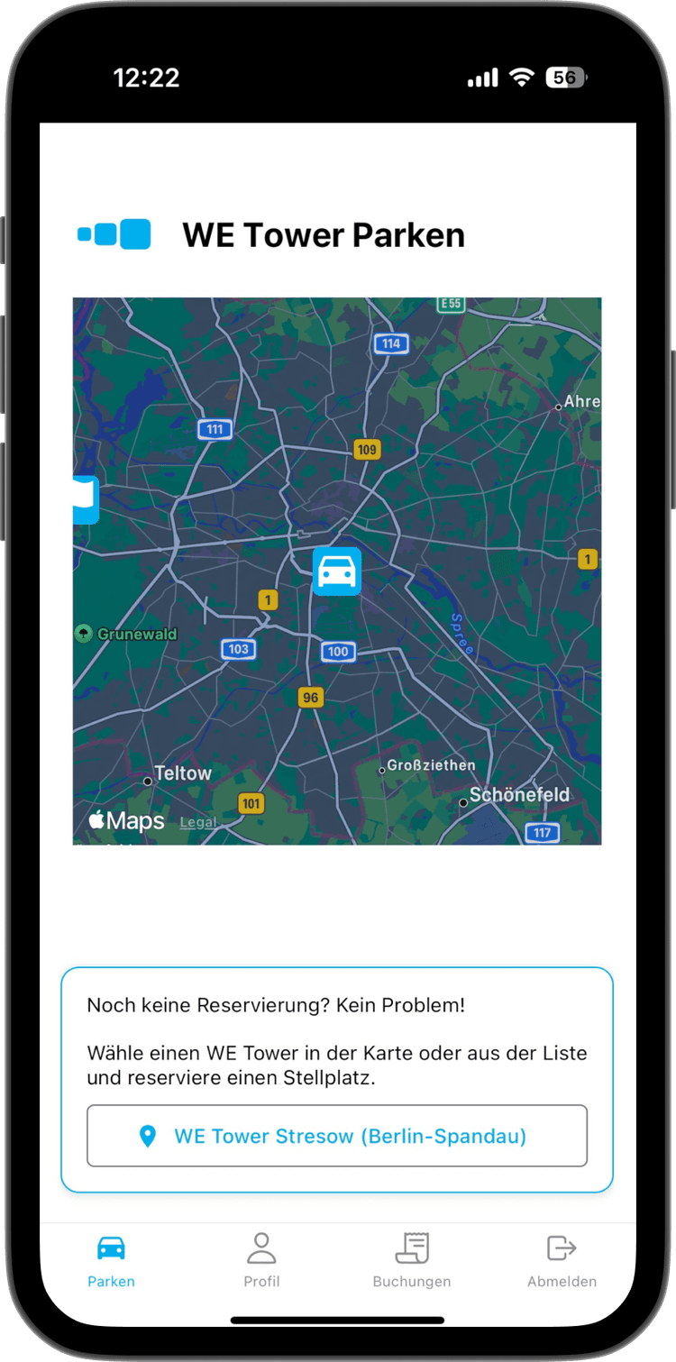 iPhone Mock up of WE Tower App showing the main interface